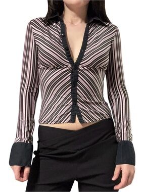 Anxiety | Vintage Y2K Stretchy Sparkle Pink and Black Striped Button Front Top
